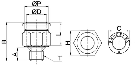 drawing of SPC 04-M6L | 4mm O.D. Tube, M6 x 1 Thread Male Connector | 316L Stainless Steel Push to Connect Fitting