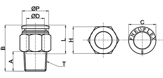 drawing of SPC 08-01L | 8mm O.D. Tube, R, PT, BSPT 1/8 Thread Male Connector | 316L Stainless Steel Push to Connect Fitting