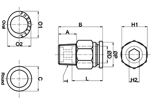 drawing of PC 06-01 | 6mm Tube, R, PT, BSPT 1/8 Thread Male Connector | Push in Fitting