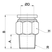 drawing of SPC 14-03 | 14mm O.D. Tube, PT, R, BSPT 3/8 Thread Male Connector | 316 Stainless Steel Push in Fitting