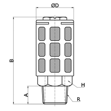 drawing of PSU-08 | 1 PT, R, BSPT Thread Porous Plastic Silencer | Pneumatic Silencer