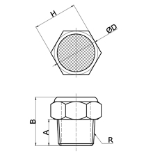 drawing of BSLM-08 | 1 R, PT, BSPT Thread Sintered Bronze Breather Vent Silencer | Pneumatic Air Silencer